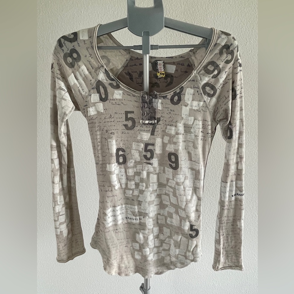 Free People Beige Graphic Long Sleeve Top